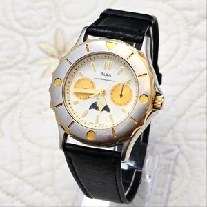 Vintage Seiko Alba Moon Phase Chronograph Watch V33H-X002 Lume Orange